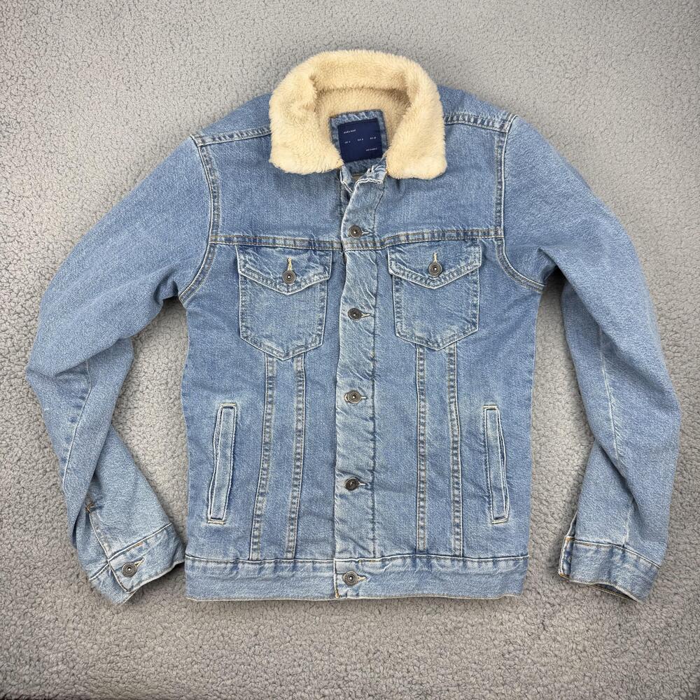 Zara Man Jacket Mens Medium Blue Denim Sherpa Lined Trucker Fleece Collar Casual